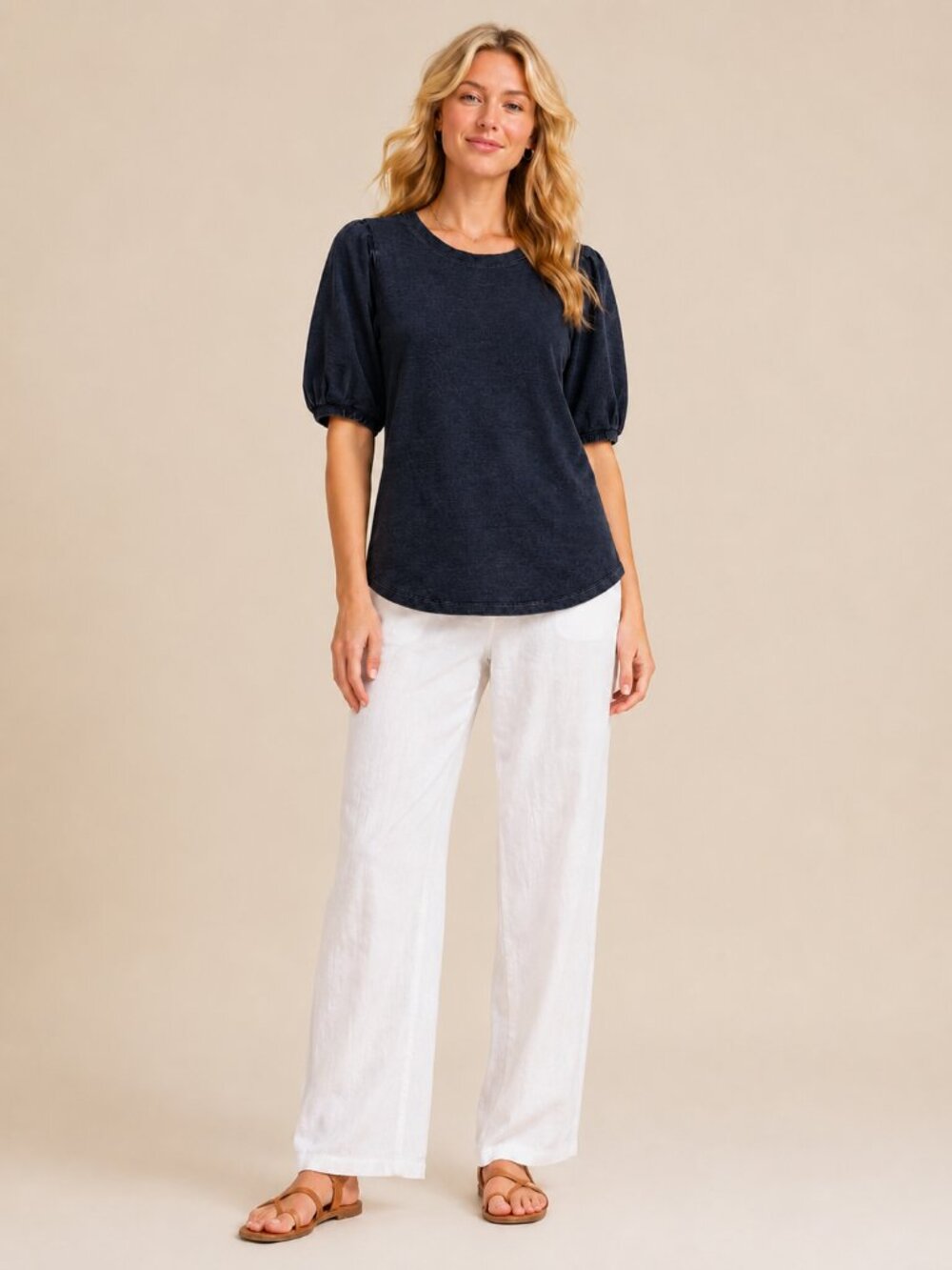2/$30 Chico's ZENERGY Puff Sleeve Knit Blouse Dark Indigo 4 #A3425